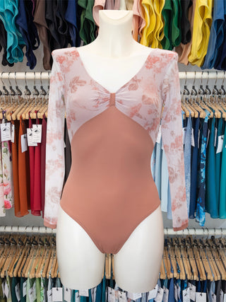 Dusty Coral Floral Mesh Dance Long Sleeve Leotard MP655 for Women by Atelier della Danza MP