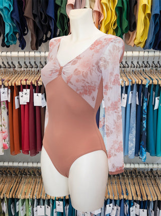 Dusty Coral Floral Mesh Dance Long Sleeve Leotard MP655 for Women by Atelier della Danza MP