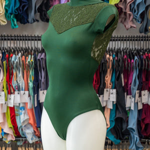 Floral Green Cap Sleeve Dance Leotard for Women with Lace in Lycra by Atelier della Danza MP