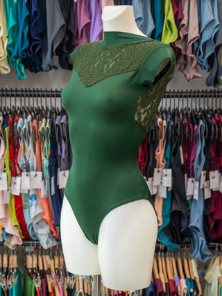 Floral Green Cap Sleeve Dance Leotard for Women with Lace in Lycra by Atelier della Danza MP