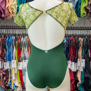 Floral Green Short Sleeve Dance Leotard for Women with Mesh in Lycra by Atelier della Danza MP