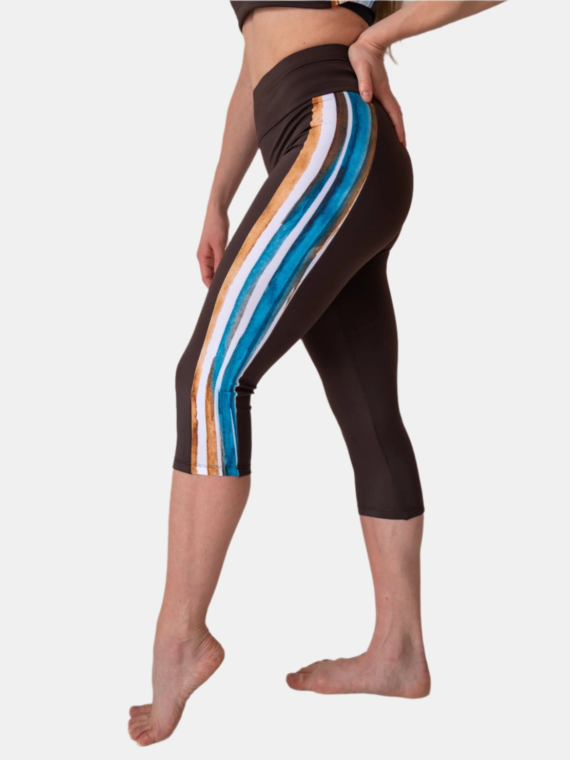 Brown Side Stripes Capri Leggings Leo - XS / Brown