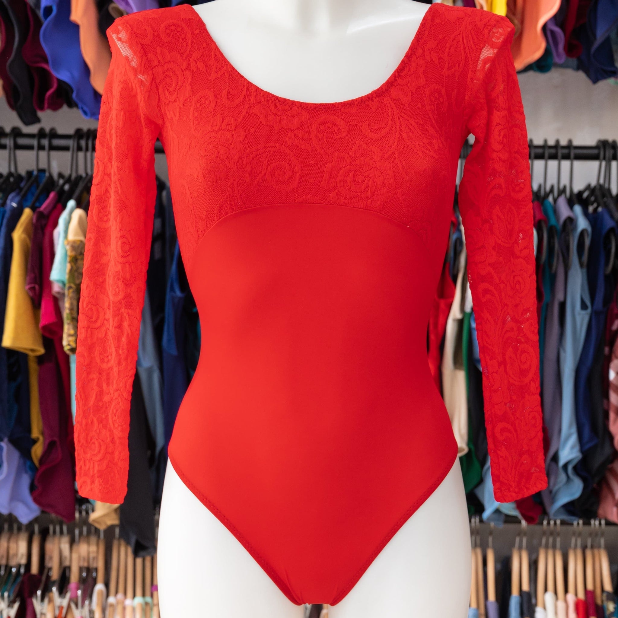 Red Lace Long Sleeve Dance Leotard for Women by Atelier della Danza MP
